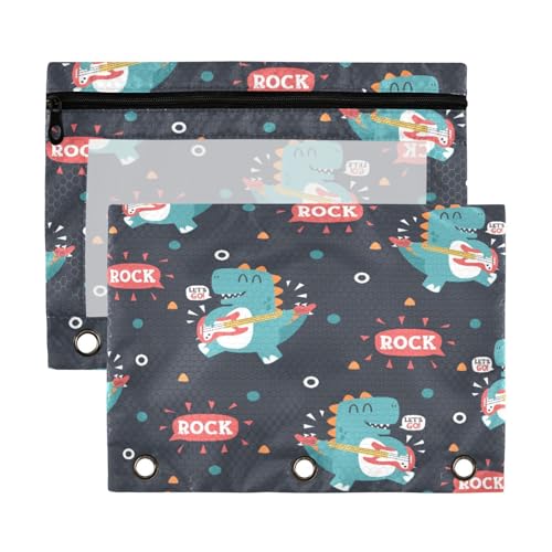Kcldeci Federmäppchen mit Dinosaurier-Gitarre, Cartoon, 3 Ringe, Federmäppchen mit Reißverschluss, für 3-Ringbinder, Federmäppchen mit transparentem Fenster, für Bürobedarf, 2 Stück, Mehrfarbig, 9.8*7 von Kcldeci