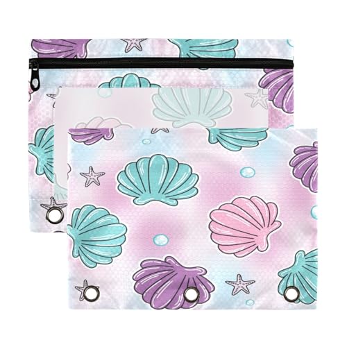 Kcldeci Federmäppchen mit Meerjungfrauen-Muster, Sterne, Meer-Mädchen, Textur, 3-Ring-Federmäppchen, Federmäppchen, Federmäppchen mit transparentem Fenster, für Bürobedarf, 2 Stück, Mehrfarbig, 9.8*7 von Kcldeci