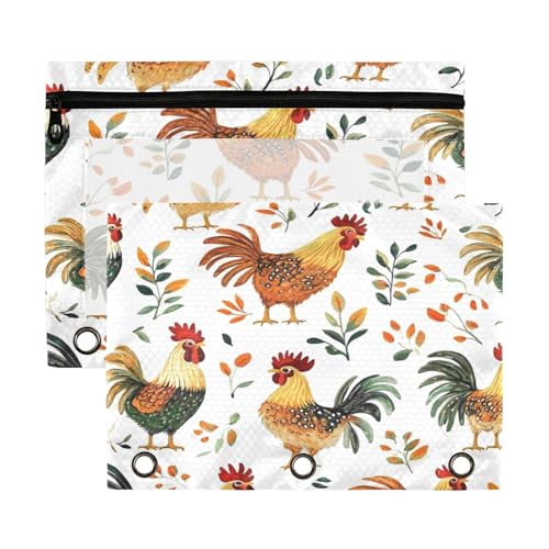 Kcldeci Federmäppchen mit buntem Hahn-Blätter-Motiv, für 3-Ringbuch, Federmäppchen mit Reißverschluss, transparentes Federmäppchen, Büro, Schreibwaren, Schule, Organizer von Kcldeci
