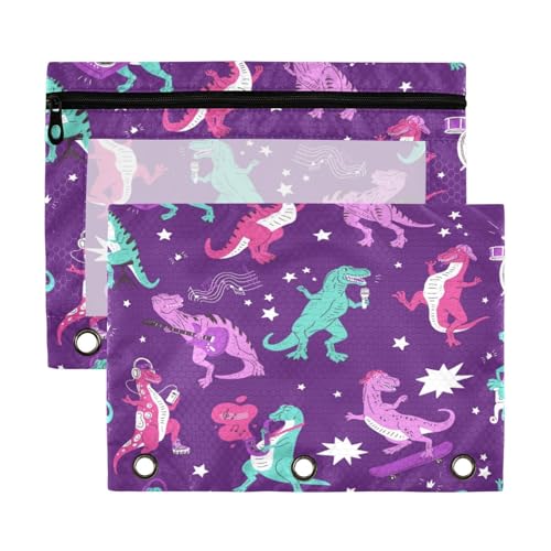 Kcldeci Federmäppchen mit niedlichem Dinosaurier-Motiv, 3-Ring-Federmäppchen, Federmäppchen mit Reißverschluss, für 3-Ringbinder, Federmäppchen mit transparentem Fenster, für Bürobedarf, 2 Stück von Kcldeci