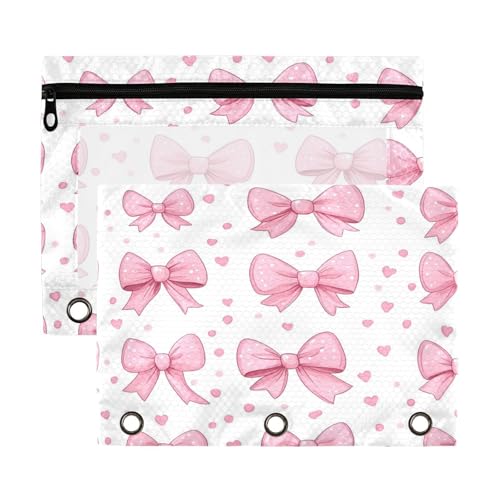 Kcldeci Federmäppchen mit rosa Schleifen auf weißem Federmäppchen für 3-Ringbuch, Federmäppchen mit Reißverschluss, transparentes Federmäppchen, Büro, Schreibwaren, Schule, Organizer von Kcldeci
