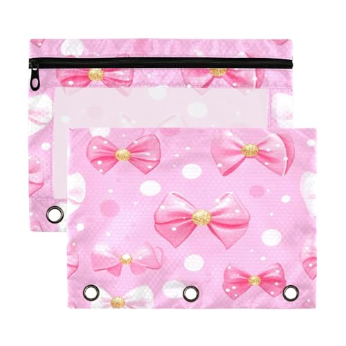Kcldeci Federmäppchen mit rosa Schleifen und Punkten, für 3-Ring-Ordner, Federmäppchen mit Reißverschluss, transparentes Federmäppchen, Büro, Schreibwaren, Schule, Organizer von Kcldeci