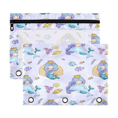 Kcldeci Kleine Meerjungfrau mit Delfin und Muschel, 3-Ring-Federmäppchen, Federmäppchen mit Reißverschluss, für 3-Ringbinder, Federmäppchen mit transparentem Fenster, für Bürobedarf, 2 Stück von Kcldeci