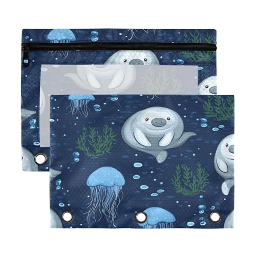 Kcldeci Manatees Quallen-Federmäppchen für 3-Ringbuch, Federmäppchen mit Reißverschluss, transparentes Federmäppchen, Büro, Schreibwaren, Schul-Organizer von Kcldeci
