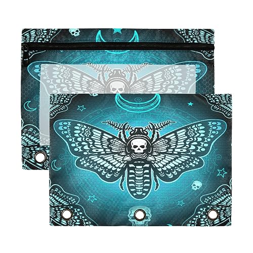 Kcldeci Pencil Pouch for 3 Ring Binder, Dead Head Skull Butterfly 2 Pack Binder Pencil Pouch with Clear Window Pencil Bags with Zipper Pencil Case for Binder, Mehrfarbig, 9.8*7*0.1inch/ 25*18*0.5cm von Kcldeci