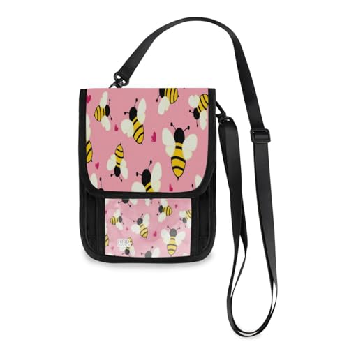 Kcldeci Reisebrieftasche, Geldbörse, Handytasche, Crossbody-Tasche, fliegende Bienen mit Herzen auf einem rosa Reise-Brustbeutel, Reisepasshülle für Damen und Herren, mehrfarbig, Einheitsgröße, Casual von Kcldeci