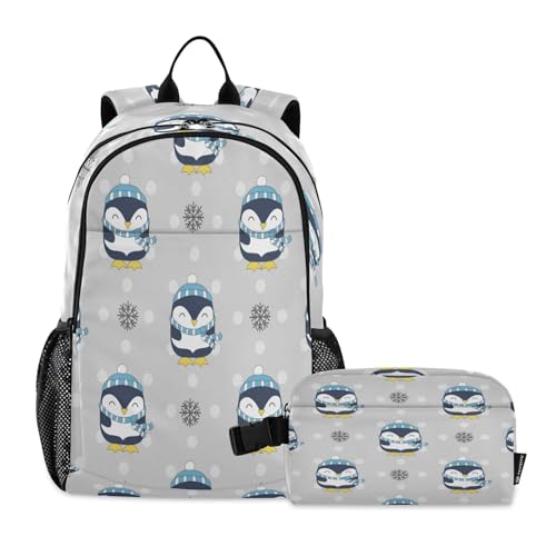 Kcldeci Rucksack mit Lunchbox, niedliche Pinguine, Schneeflocken, Weihnachtsschulranzen-Set für Kinder, Grundschule, niedliche Büchertaschen, Schulbüchertaschen-Set für Alter 3–9 Jahre, mehrfarbig, von Kcldeci