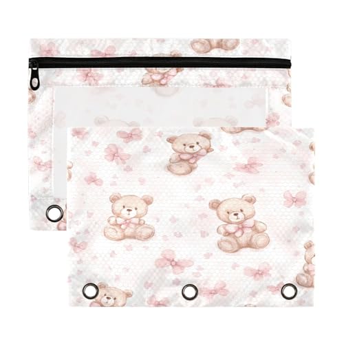 Kcldeci Stifteetui mit 3 Ringen, Pastell-Teddybär, Federmäppchen mit Reißverschluss-Aufbewahrungstasche, transparentes Stifteetui, Büro, Schreibwaren, Schule, Organizer von Kcldeci
