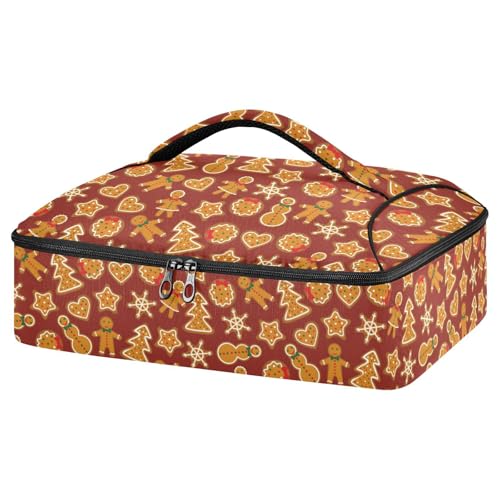 Kcldeci Thermo-Lebensmittel-Transportbox mit weihnachtlichem Lebkuchenmotiv auf dunkelrot, isoliert, für heiße oder kalte Speisen, isolierte Tragetasche für Potluck Cookouts, Partys, Picknick, Lasagne von Kcldeci