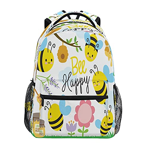 Niedliche Bienen und Honig Rucksack Happy Honeybee Floral Student Schultasche Büchertasche 14 Zoll Laptop Rucksäcke Reise Daypack Schultertasche für Jungen Mädchen Kinder von Kcldeci