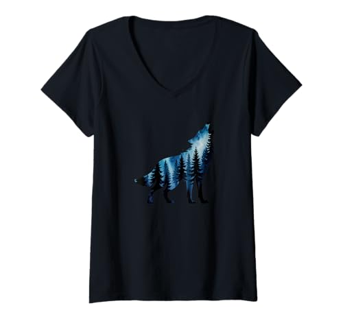 Damen Wolf Heulender Wald Muster Natur T-Shirt mit V-Ausschnitt Damen Wolf Heulender Wald Muster Natur T-Shirt mit V-Ausschnitt von Kddrip Animal Apparel
