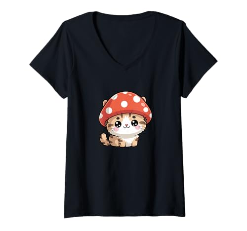 Damen Kawaii-Pilz-Kätzchen, niedlicher Katzenliebhaber T-Shirt mit V-Ausschnitt Damen Kawaii-Pilz-Kätzchen, niedlicher Katzenliebhaber T-Shirt mit V-Ausschnitt von Kddrip Pets