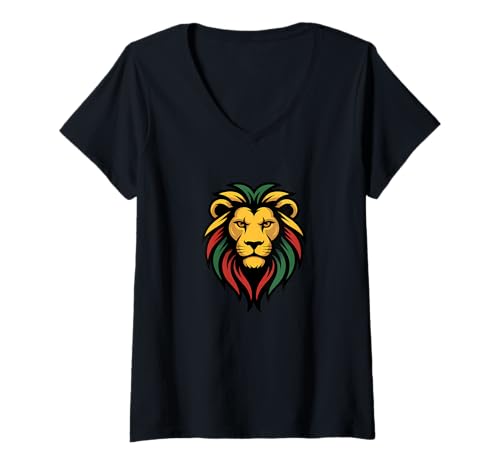 Damen Löwe Rasta Farben T-Shirt mit V-Ausschnitt Damen Löwe Rasta Farben T-Shirt mit V-Ausschnitt von Kddrip Rasta Apparel