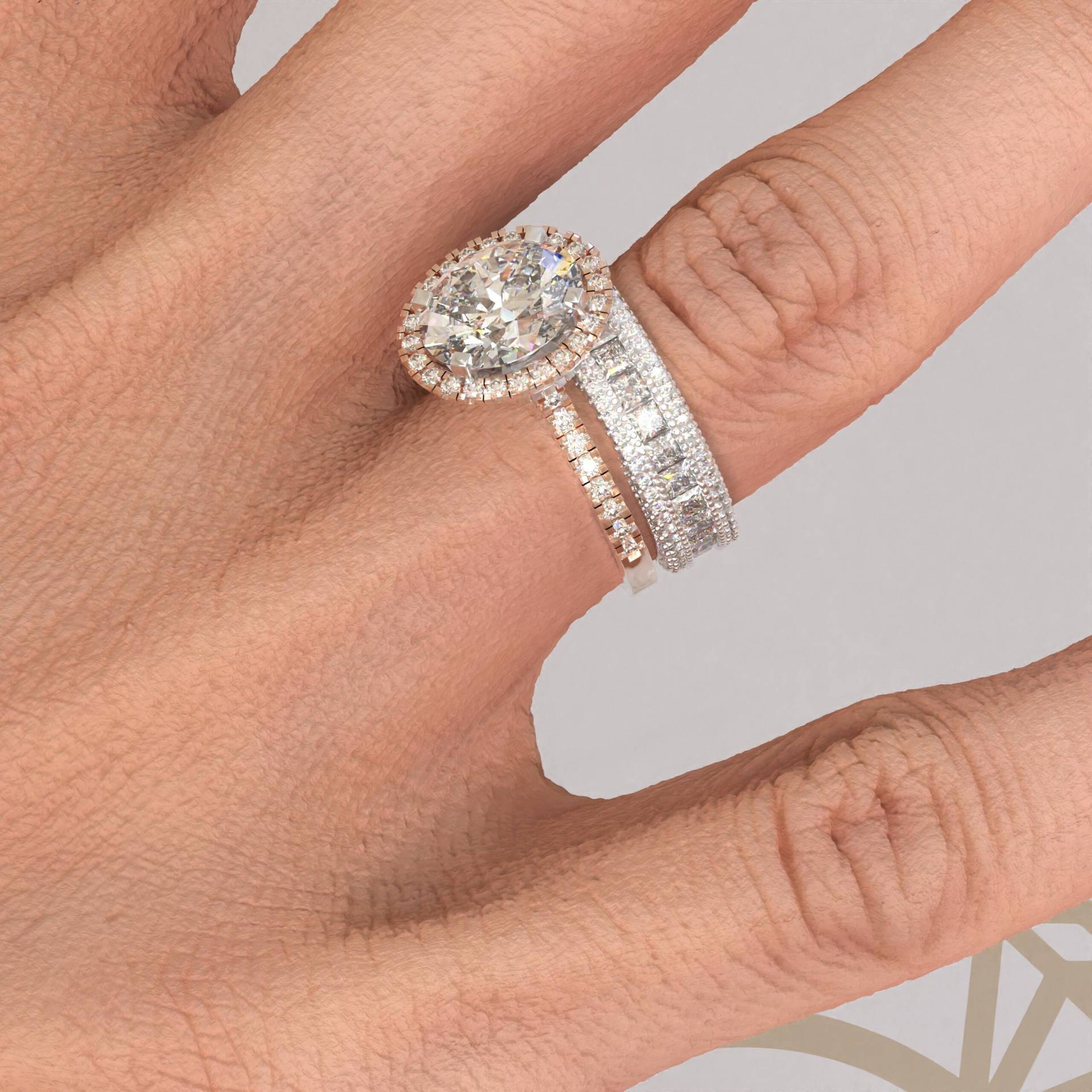 Halo Oval Moissanit Ring Set Mit Eternity Band, Prinzessin Set, Silber von Kdrjewels