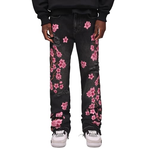 Kdtoll Flared Jeans Herren, Y2K Zerrissene Destroyed Jeanshose mit Stickerei, Bootcut Denim Freizeithose im Hip Hop Cowboy Style, Modisch und Vielseitig für Streetwear von Kdtoll