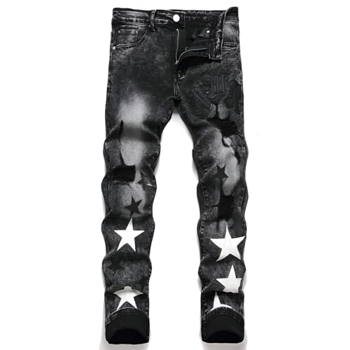 Kdtoll Herren Jeans, Y2K Slim Fit Stretch Hose mit Pentagramm-Design, Zerrissene Destroyed Jeanshose im Hip Hop Cowboy Style, Regular Straight Fit, Modisch und Vielseitig für Streetwear Kdtoll Herren Jeans, Y2K Slim Fit Stretch Hose mit Pentagramm-Design, Zerrissene Destroyed Jeanshose im Hip Hop Cowboy Style, Regular Straight Fit, Modisch und Vielseitig für Streetwear von Kdtoll