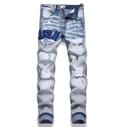 Kdtoll Herren Jeans, Y2K Slim Fit Stretch Hosen mit Rissen, Zerrissene Destroyed Jeanshose im Hip Hop Cowboy Style, Regular Straight Fit, Modisch und Vielseitig für Freizeit & Streetwear von Kdtoll