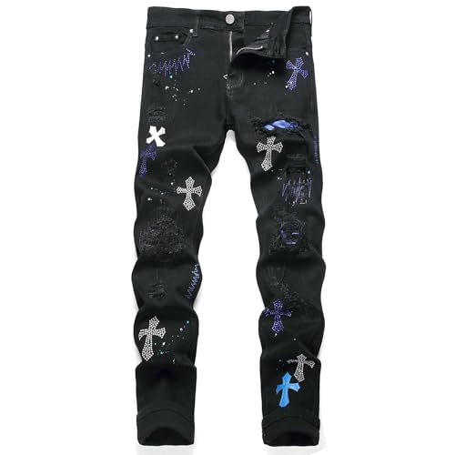 Kdtoll Herren Jeans, Y2K Slim Fit Stretch Hosen mit Rissen und Kreuz Diamant, Zerrissene Destroyed Jeanshose im Hip Hop Cowboy Style, Regular Straight Fit, Modisch und Vielseitig für Streetwear von Kdtoll