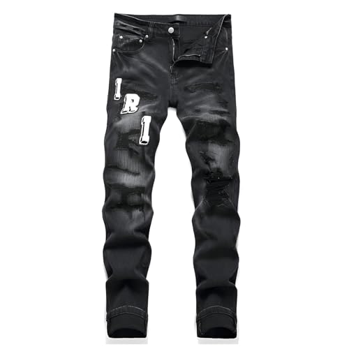 Kdtoll Herren Jeans, Y2K Slim Fit Stretch Hosen mit Rissen und Stickerei, Zerrissene Destroyed Jeanshose im Hip Hop Cowboy Style, Regular Straight Fit, Modisch und Vielseitig für Streetwear von Kdtoll