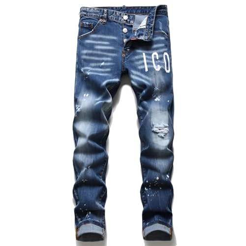 Kdtoll Herren Jeans, Y2K Slim Fit Stretch Hosen mit Rissen und Tintenfleck-Design, Zerrissene Destroyed Jeanshose im Hip Hop Cowboy Style, Regular Straight Fit, Modisch und Vielseitig für Streetwear von Kdtoll