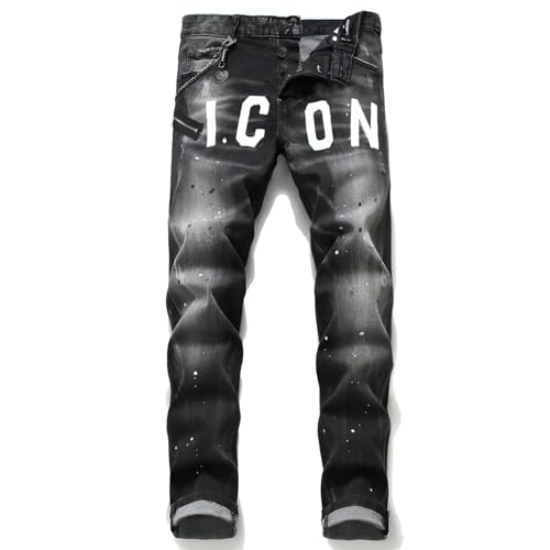 Kdtoll Herren Jeans, Y2K Slim Fit Stretch Hosen mit Tintenfleck-Design, Zerrissene Destroyed Jeanshose im Hip Hop Cowboy Style, Regular Straight Fit, Modisch und Vielseitig für Streetwear von Kdtoll