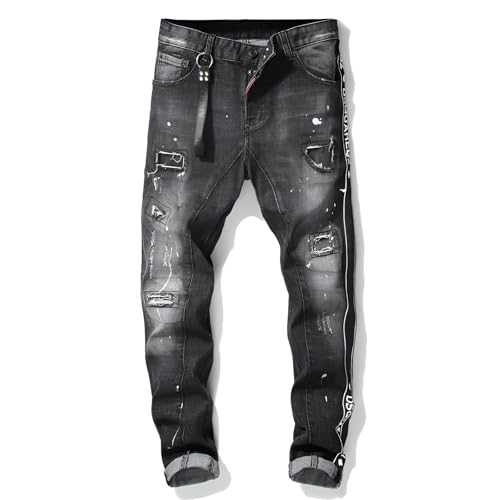 Kdtoll Herren Jeans, Y2K Slim Fit Stretch Röhrenjeans, Zerrissene Destroyed Jeanshose im Hip Hop Cowboy Style, Regular Straight Fit, Modisch und Vielseitig für Streetwear von Kdtoll