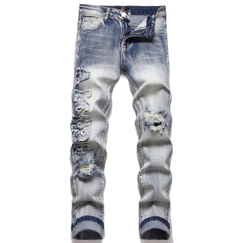 Kdtoll Herren Jeans Regular Fit – Y2K Slim Fit Stretch Hose, Zerrissene Destroyed Jeanshose im Hip Hop Cowboy Style, Regular Straight Fit, Modisch und Vielseitig für Streetwear von Kdtoll
