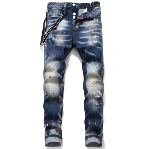 Kdtoll Herren Jeans Regular Fit – Y2K Stretch Denim Blau Jeans im Hip-Hop Cowboy Style, Straight Fit Jeans mit Tintenspritzer-Design für Freizeit & Alltag von Kdtoll