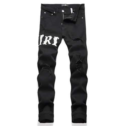 Kdtoll Herren Jeans Regular Fit – Y2K Stretch Denim Jeans im Hip-Hop Cowboy Style, Straight Slim Fit Jeans mit Stickerei-Design, Zerrissene Destroyed Jeanshose für Freizeit & Alltag von Kdtoll