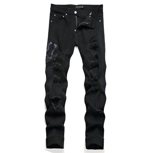Kdtoll Herren Jeans Regular Fit – Zerrissene Stretch Denim Jeans im Y2K Hip-Hop Cowboy Style, Straight Slim Fit Jeans mit Stickerei-Design für Freizeit & Alltag von Kdtoll