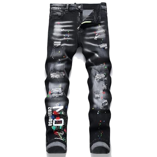 Kdtoll Herren Jeans Regular Fit – Zerrissene Stretch Denim Jeans im Y2K Hip-Hop Cowboy Style, Straight Slim Fit Jeans mit Tintenspritzer-Design für Freizeit & Alltag von Kdtoll
