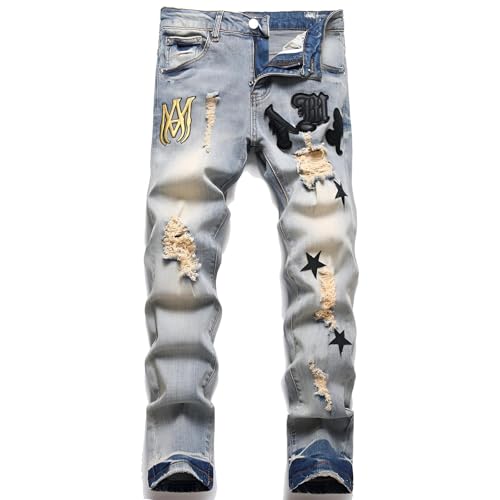 Kdtoll Jeans Herren, Y2K Streetwear Denim Hose mit Rissen und Pentagramm-Stickerei, Slim Fit Freizeithose im Hip Hop Cowboy Style, Modisch und Vielseitig von Kdtoll