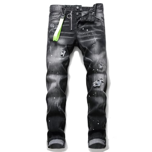 Kdtoll Jeans Herren, Y2K Streetwear Denim Hose mit Rissen und Tintenfleck-Design, Slim Fit Freizeithose im Hip Hop Cowboy Style, Modisch und Vielseitig von Kdtoll