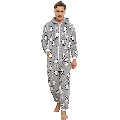 Kdtoll Jumpsuit Herren Winter Weihnachten Warm Einteiler Schlafanzug Erwachsene Cosplay Fleece-Onesie Overall Pyjama Kuschelig Kuscheliger Hausanzug mit Kapuze und Reißverschluss von Kdtoll