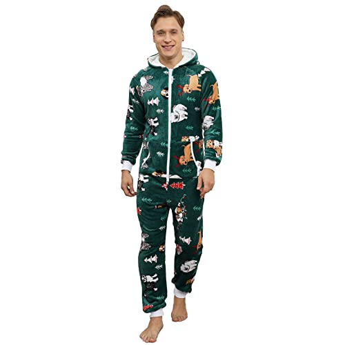 Kdtoll Jumpsuit Herren Winter Weihnachten Warm Einteiler Schlafanzug Erwachsene Cosplay Fleece-Onesie Overall Pyjama Kuschelig Kuscheliger Hausanzug mit Kapuze und Reißverschluss von Kdtoll