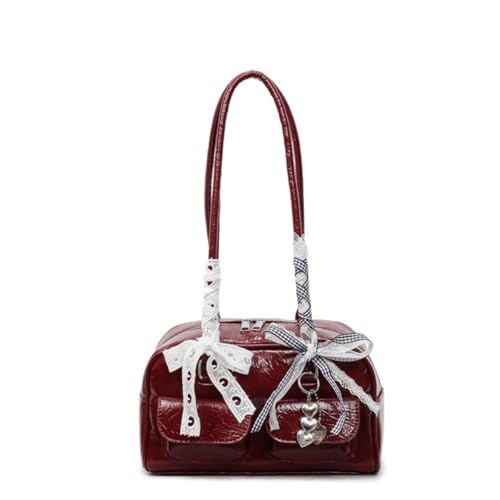 Gothic Handtasche Damen Schleife Pendler Tasche Leder Retro Boston Japanische Tasche, rot, 7.7''X7.7''X2.6'' von KeAiDMon