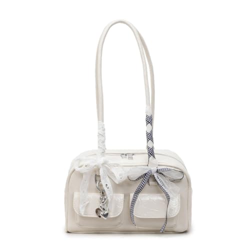 Gothic Handtasche Damen Schleife Pendler Tasche Leder Retro Boston Japanische Tasche, weiß, 7.7''X7.7''X2.6'' von KeAiDMon