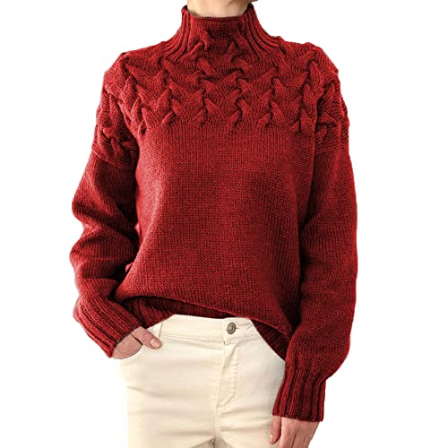 KeYIlowys Damenmode Zopfstrick Detail High Neck Langarm Pullover Damen High Neck Strickpullover von KeYIlowys