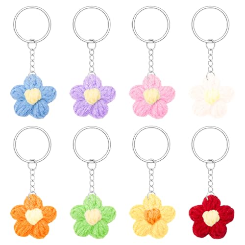 Keboyoe 8 Stück Blume Schlüsselanhänger Gehäkelt 8 Farben Süßer Gänseblümchen Schlüsselanhänger Häkelblumen Anhänger Deko für Frauen Schlüssel von Keboyoe