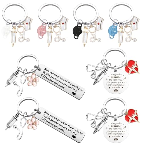 Keboyoe 8 Stück Schlüsselanhänger Krankenschwester Edelstahl Metall Schlüsselanhänger Krankenschwester Keychain Mit Spritze, Krankenschwester Kappe Und Stethoskop für Arzt Krankenschwester Geschenk von Keboyoe