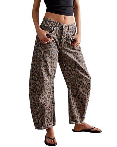 Kedera Damen Baggy Barrel Jeans Casual Boyfriend Mid Rise Leopard Printed Wide Leg Denim Ankle Pants, A01-braun, X-Groß von Kedera