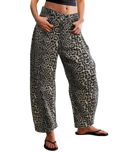 Kedera Damen Baggy Barrel Jeans Casual Boyfriend Mid Rise Leopard Printed Wide Leg Denim Ankle Pants, A03-z Schwarz, M von Kedera