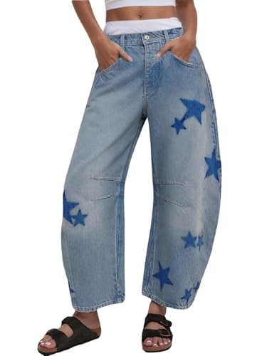 Kedera Damen Barrel Denim Pants Teen Star Raw Edge Baggy Hose Hohe Taille Boyfriend Y2K Jeans Mode, Blau, M von Kedera