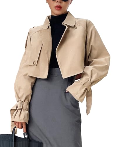 Kedera Damen Cropped Trenchcoat Langarm Casual Jacke Klassisch Zweireiher Revers Overcoat Mode Oberbekleidung, Khaki, S von Kedera