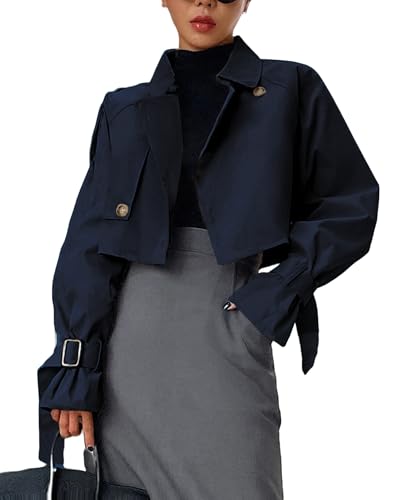 Kedera Damen Cropped Trenchcoat Langarm Casual Jacke Klassisch Zweireiher Revers Overcoat Mode Oberbekleidung, Marineblau, Small von Kedera