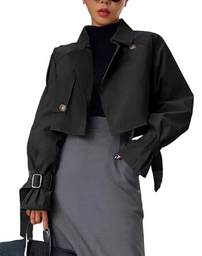 Kedera Damen Cropped Trenchcoat Langarm Casual Jacke Klassisch Zweireiher Revers Overcoat Mode Oberbekleidung, Schwarz, L von Kedera