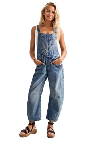 Kedera Damen Denim Overall Casual Straight Wide Leg Bib Jeans Overall Verstellbare Träger Denim Strampler Stretch Jumpsuits, Blau, Large von Kedera
