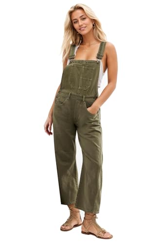 Kedera Damen Denim Overall Casual Straight Wide Leg Bib Jeans Overall Verstellbare Träger Denim Strampler Stretch Jumpsuits, Grün , Medium von Kedera