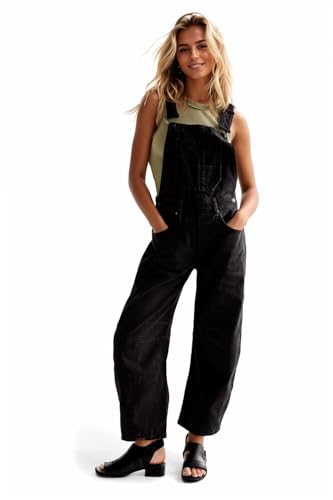 Kedera Damen Denim Overall Casual Straight Wide Leg Bib Jeans Overall Verstellbare Träger Denim Strampler Stretch Jumpsuits, Schwarz, Large von Kedera