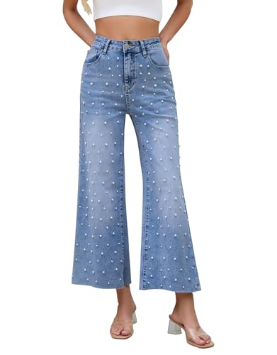 Kedera Damen-Jeans mit hoher Taille, Perlen, lässig, verziert, weites Bein, Denim-Hose mit rohem Saum, Dunkelblau, 36 Kedera Damen-Jeans mit hoher Taille, Perlen, lässig, verziert, weites Bein, Denim-Hose mit rohem Saum, Dunkelblau, 36 von Kedera